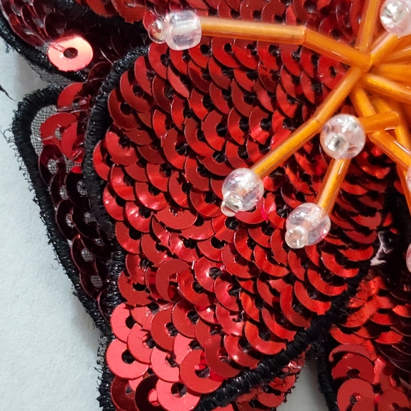 3D hibiscus beaded applique flower sew on iron on patch sequins tropical red - Picture 3 of 9